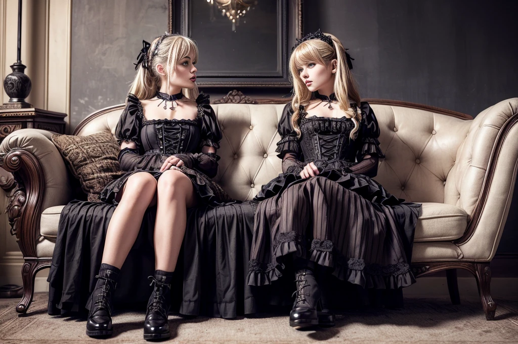 ((​masterpiece、top-quality)), (Photo realistic photography:1.4) , (2 gothic lolita:1.5), White Elegance, Highly detailed frills, (intricate details),2 different girls, English females, 18year old, Mystical Beautiful Girls, Very young faces, perfect anatomia, perfectly proportions, Very young figure, face perfect, Strong gothic makeup, Whitewashed face, Purple Lipstick, Purple eye shadow, (Heavy makeup:1.4), Pathological beauty, Bright on the face, Details of face, serious faces, blonde and black hair, Long straight hair, Parting aligned bangs, Hair that flutters in the wind, Gothic Lolita costumes, Black  bulging with panniers, Very short stature, Very small breasts, ((Two girls sitting close together on a lounge chair)), conceptual art, Reality, godrays, Cinematographic lighting, canon, high details, hiquality, HD fine, 16K resolution, Full body portrait, knee up shot