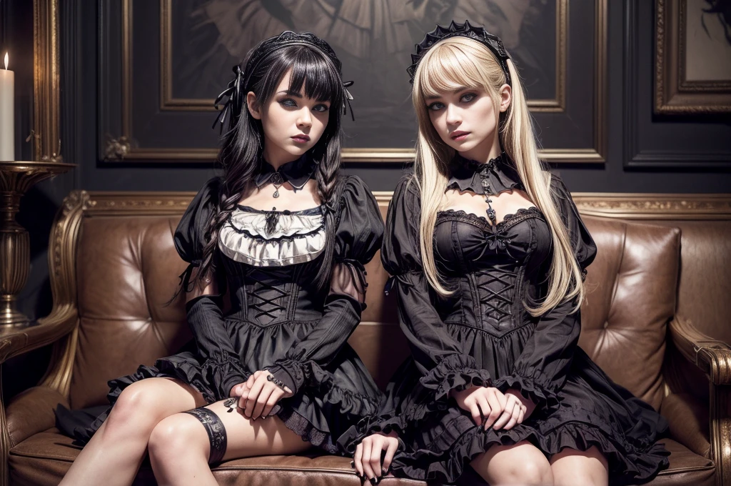 ((​masterpiece、top-quality)), (Photo realistic photography:1.4) , (2 gothic lolita:1.5), White Elegance, Highly detailed frills, (intricate details),2 different girls, English females, 18year old, Mystical Beautiful Girls, Very young faces, perfect anatomia, perfectly proportions, Very young figure, face perfect, Strong gothic makeup, Whitewashed face, Purple Lipstick, Purple eye shadow, (Heavy makeup:1.4), Pathological beauty, Bright on the face, Details of face, serious faces, blonde and black hair, Long straight hair, Parting aligned bangs, Hair that flutters in the wind, Gothic Lolita costumes, Black  bulging with panniers, Very short stature, Very small breasts, ((Two girls sitting close together on a lounge chair)), conceptual art, Reality, godrays, Cinematographic lighting, canon, high details, hiquality, HD fine, 16K resolution, Full body portrait, knee up shot