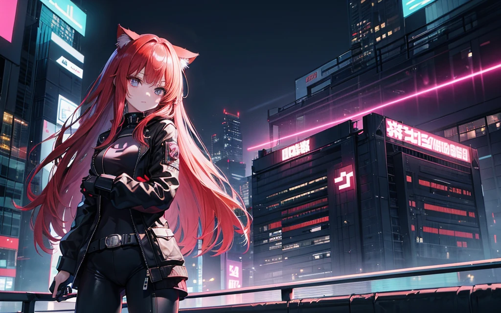 I imagine a cyberpunk world full of mystery and the future.. サイバーパンクなbikeに乗ったアニメの女の子を想像する, Surrounded by the neon lights of the night city. His purple and black suit, The shiny chain and her red hair create a glamorous look.. bike, A helmet with a shiny surface and a cat shape, Creates an enigmatic atmosphere. that&#39;looks like her&#39;Are you ready for an exciting nighttime adventure?!! .