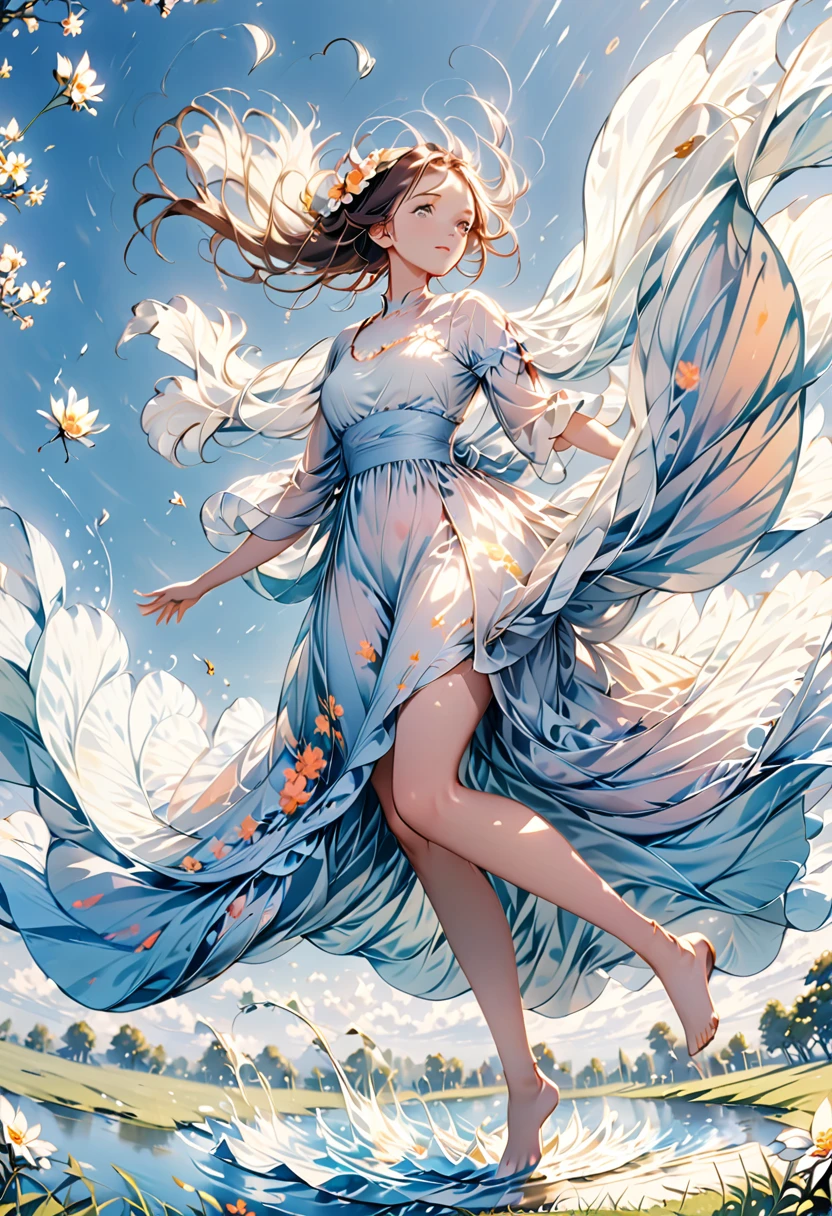 (masterpiece:1.3),(best quality:1.2),8K,absurd,unity 8K wallpapper,(Very detailed:1.3),Maximum resolution,
 A girl,floating hair, floating,( floating long dress:1.3),jump,see through, (cloud:1.2),(flight:1.2),Hello,(wing:1.2),(flower:1.2),Grass,Sunlight,  (floating cloth:1.4),water,(Dynamic:1.2),splash,(splashing:1.2), (jump fish:1.2)