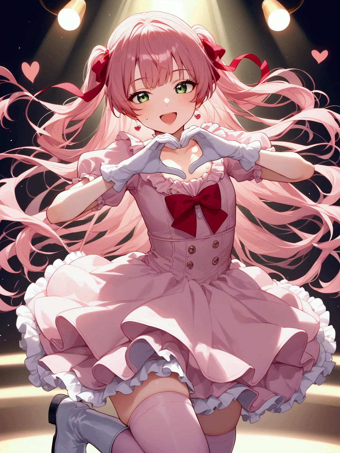 score_9, score_8_up, score_7_up, rating_safe, masterpiece, best quality, very aesthetic, absurdres, 1girl, solo, pink hair, long hair, hair ribbon, ribbon, bangs, green eyes, smile, open mouth, faint lips, idol, idol clothes, red bow, pink dress, frilled dress, frills, gloves, white gloves, thighs, skindentation, pink thighhighs, white boots, sweat, music, singing, heart hands, on stage, stage light, spotlight, glowstick, penlight (glowstick)