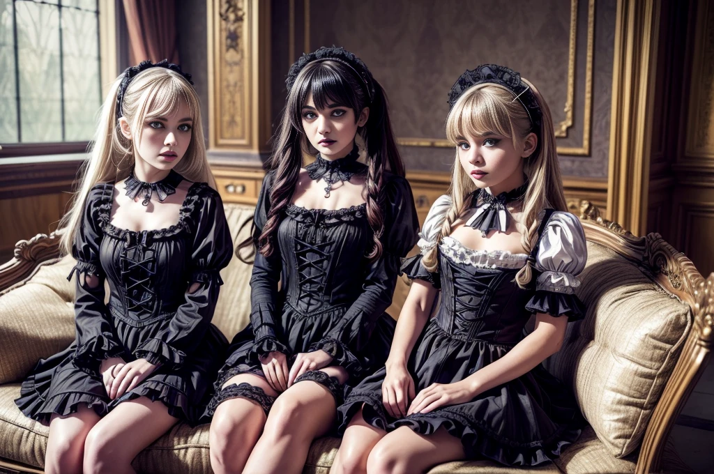 ((​masterpiece、top-quality)), (Photo realistic photography:1.4) , (2 gothic lolita:1.5), White Elegance, Highly detailed frills, (intricate details),2 different girls, English females, 18year old, Mystical Beautiful Girls, Very young faces, perfect anatomia, perfectly proportions, Very young figure, face perfect, Strong gothic makeup, Whitewashed face, Purple Lipstick, Purple eye shadow, (Heavy makeup:1.4), Pathological beauty, Bright on the face, Details of face, serious faces, blonde and black hair, Long straight hair, Parting aligned bangs, Hair that flutters in the wind, Gothic Lolita costumes, Black  bulging with panniers, Very short stature, Very small breasts, ((Two girls sitting close together on a lounge chair)), conceptual art, Reality, godrays, Cinematographic lighting, canon, high details, hiquality, HD fine, 16K resolution, Full body portrait, knee up shot