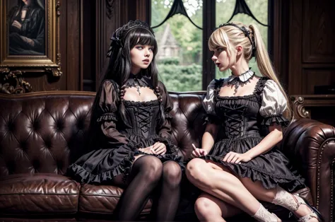 ((​masterpiece、top-quality)), (photo realistic photography:1.4) , (2 gothic lolita:1.5), white elegance, highly detailed frills,...