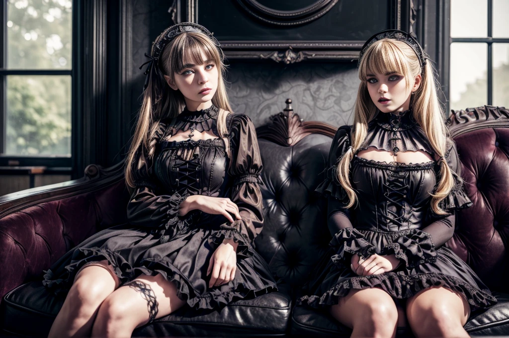 ((​masterpiece、top-quality)), (Photo realistic photography:1.4) , (2 gothic lolita:1.5), White Elegance, Highly detailed frills, (intricate details),2 different girls, English females, 18year old, Mystical Beautiful Girls, Very BEAUTIFUL faces, perfect anatomia, perfectly proportions, VERY DETAILED EYES, face perfect, Strong gothic makeup, Whitewashed face, Purple Lipstick, Purple eye shadow, (Heavy makeup:1.4), Pathological beauty, Bright on the face, Details of face, serious faces, blonde and black hair, Long straight hair, Parting aligned bangs, Hair that flutters in the wind, Gothic Lolita costumes, Black  bulging with panniers, Very short stature, Very small breasts, ((Two girls sitting close together on a lounge chair)), conceptual art, Reality, godrays, Cinematographic lighting, canon, high details, hiquality, HD fine, 16K resolution, Full body portrait, knee up shot