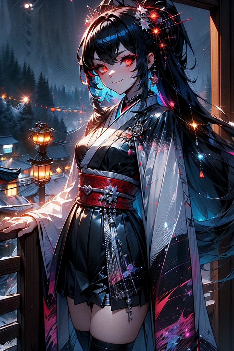 uhd, 4k, textured skin, good quality, High details, ​masterpiece, best quality, (Amazingly absurd:1.2), (​masterpiece:1.2), 1 Vampiregirl, mecha, not looking at viewer, Kimono, standing, looking in the distance, dynamische pose:1.5, evil smirking, glowing red eyes, very long black hair, shiny hair , fullbody, two colored hair, hair ornament, glowing Kimono, black knee socks, Kawaiitech, soft colours, Kawaii, Beautiful colors, thunder in the background, (Rain:1), (Night:2),