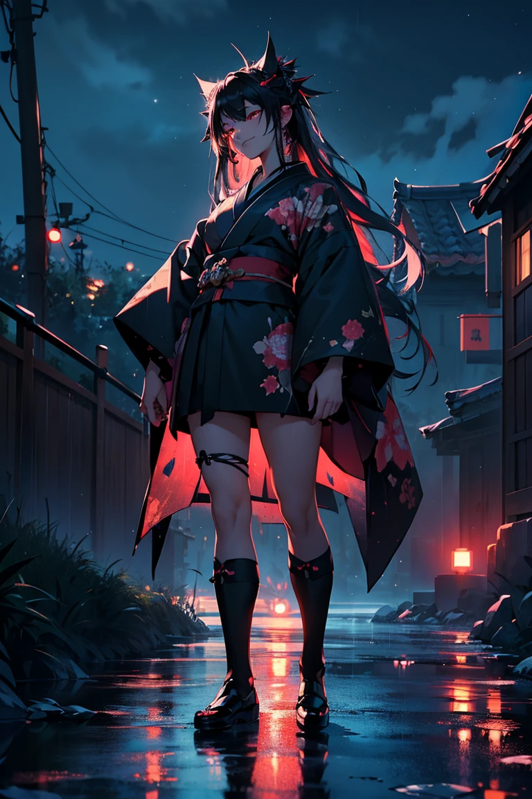 uhd, 4k, textured skin, good quality, High details, ​masterpiece, best quality, (Amazingly absurd:1.2), (​masterpiece:1.2), 1 Vampiregirl, mecha, not looking at viewer, Kimono, standing, looking in the distance, dynamische pose:1.5, evil smirking, glowing red eyes, very long black hair, shiny hair , fullbody, two colored hair, hair ornament, glowing Kimono, black knee socks, Kawaiitech, soft colours, Kawaii, Beautiful colors, thunder in the background, (Rain:1), (Night:2),