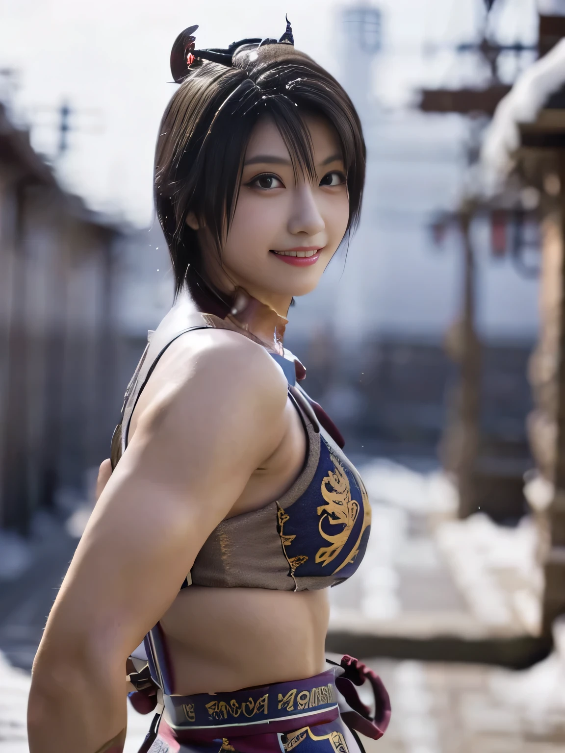 20 year old Japanese beauty，One woman、Muscular body like a bodybuilder、Emphasize the breasts、He wears a headband on his head、Slit eyes、A head-to-toe view，Bust is very very large、The background is a snowy country、High quality photos、Clear, crisp images of the lower body、Masterpiece 8k、Smiling、Is doing a high kick、From the front, from the side, from the back, etc.々from what camera angle to shoot、Orange Ninja Costume、The clothes are embroidered with dragons.