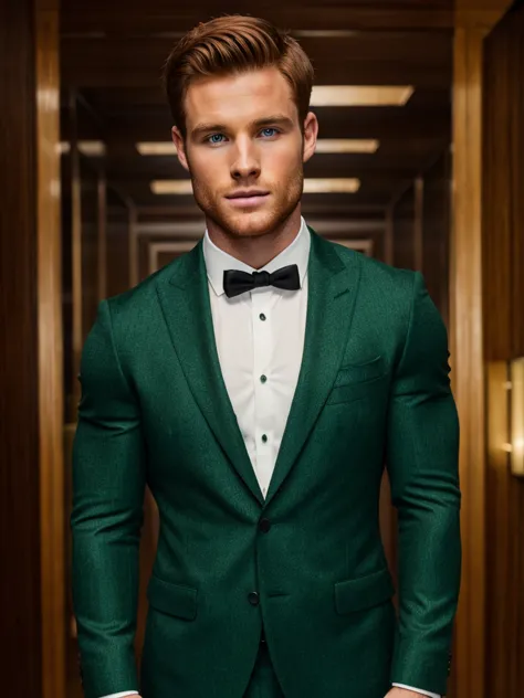 young man wearing formal black suit, [scott eastwood: adelaidekane: 0.6], ginger hair, athletic body, symmetrical green eyes, mi...