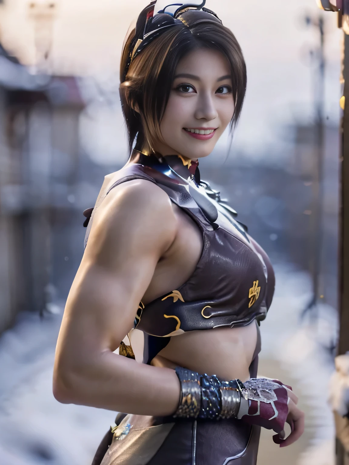 20 year old Japanese beauty，One woman、Muscular body like a bodybuilder、Emphasize the breasts、He wears a headband on his head、Slit eyes、A head-to-toe view，Bust is very very large、The background is a snowy country、High quality photos、Clear, crisp images of the lower body、Masterpiece 8k、Smiling、Is doing a high kick、From the front, from the side, from the back, etc.々from what camera angle to shoot、Orange Ninja Costume、The clothes are embroidered with dragons.