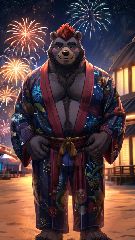 (8k),(masterpiece:1.2),(cinematic lighting),((plump:1.4)),fireworks in the night sky,yukata,bear,beastman,red mohawk,hairy,sly s...