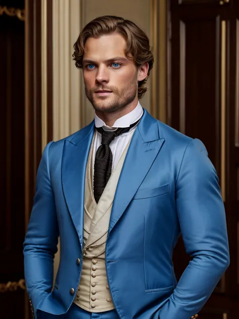 victorian era man, 30 years old , blonde and light blue eyes, extremely handsome and manly prince of monaco where he looks half-...