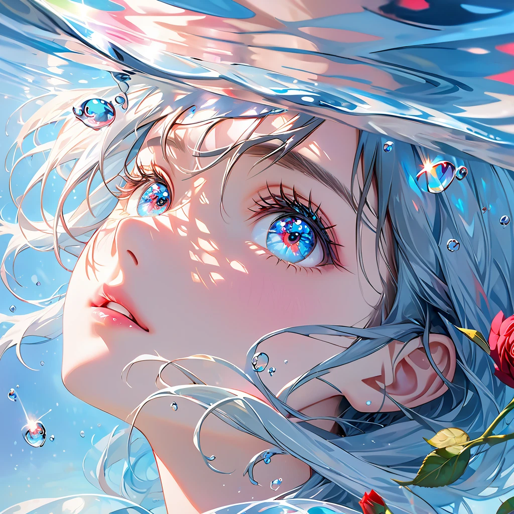 Girl swimming underwater,Ultra-detailed rendering style,shine,Rose red,Light blue,brush,ultrarealism oil painting,Shining eyes,Head close-up,Exaggerated perspective,Tyndall effect,Water Drop,Pearl oyster rainbow color,Holographic white,Light blue background,Sunlight embellished