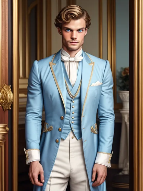 victorian era man, 30 years old , blonde and light blue eyes, extremely handsome and manly prince of monaco where he looks half-...