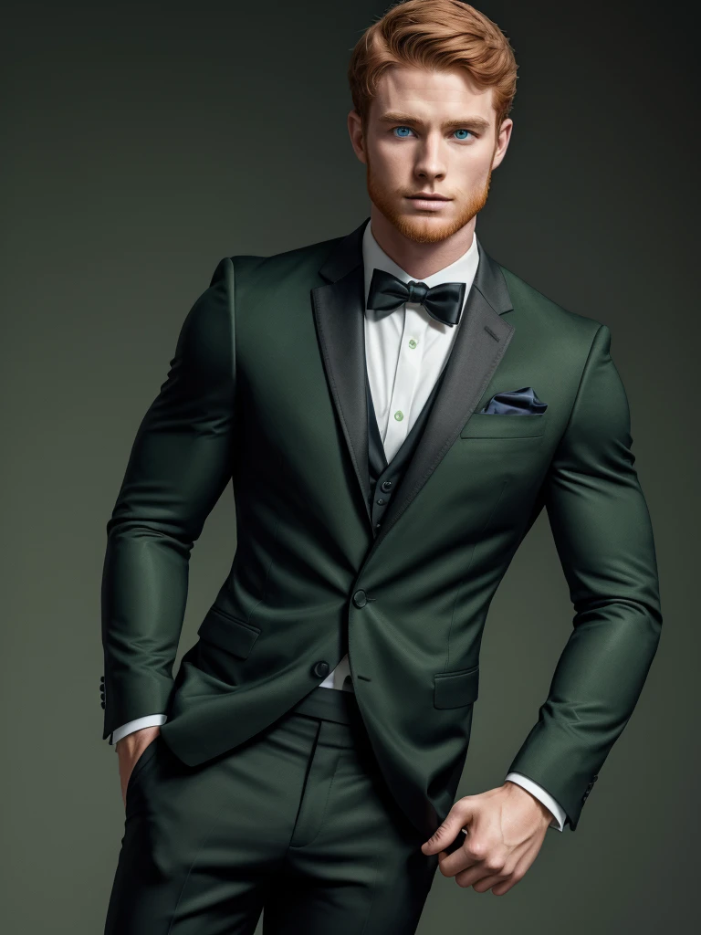 young man wearing formal black suit, [scott eastwood: adelaideKane: 0.6], ginger hair, athletic body, symmetrical green eyes, mid-twenty, high detailed skin, upper body, HD, solid background, realistic, proportionate body, RAW Photo, 