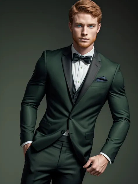 young man wearing formal black suit, [scott eastwood: adelaidekane: 0.6], ginger hair, athletic body, symmetrical green eyes, mi...