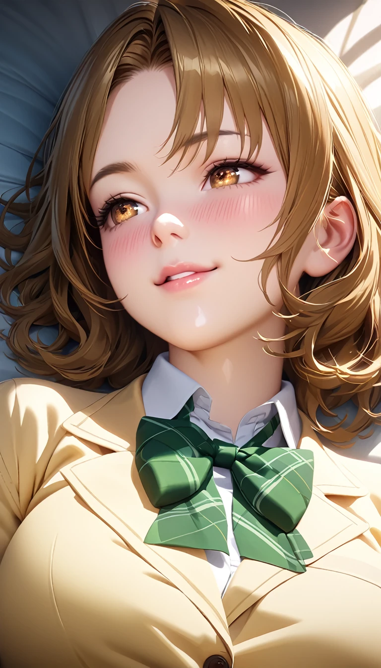 (masterpiece,ultra-detailed,best quality,8K,CG,realistic,illustration:1.2),(perfect-composition,detailed beautiful face,Clean skin,photographical skin,shiny skin,shiny hair, photographical hair,ultra detailed eyes,shaved,kawaii,uncensored:1.1),smile,medium hair, 1girl, solo, brown hair, brown eyes,large breast,winter school uniform, green bowtie, white shirt, yellow blazer, buttoned blazer,plaid skirt, green skirt,thigh ,blushing,trouble face , glossy lips ,lying on back ,bedroom,from below