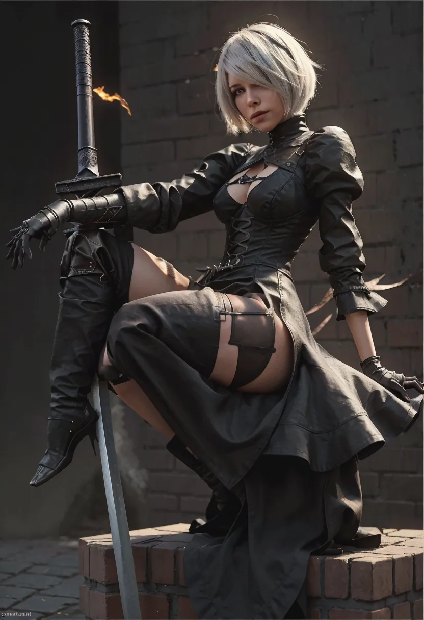 a woman in black clothes is sitting on a brick wall with a sword, 2b, 2b ..., 2b nier automata, magnificent and elaborate charac...