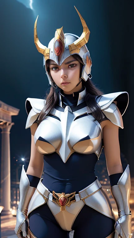 masterpiece, best quality, ultra high res, realistic skin texture, armature, (photorealistic:1.4), high resolution, raw photo, 1 girl, shiny skin, (detail skin:1.2), realistic skin texture, best lighting, sparkle, mecha armor, dramatic lighting, dynamic pose, (greek temple background:1.1), (night:1.2), (night sky), cosmos, milky way, golden armor, (cleavage), Phoenix_Ikki, (big breast), (helmet:1.2), tanned skin, black hair, (silver chest guard:1.3), (helmet), blue shirt,  volcano, lava, serious face