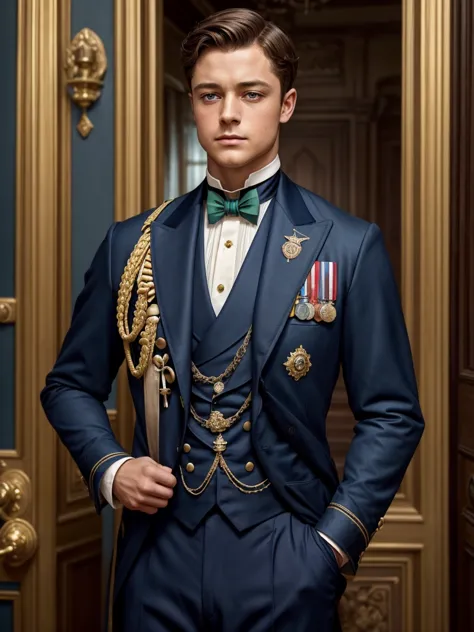 prince in victorian times aged 29 as taron egerton with a.face: he has a sculpted face with defined features, a strong, well-def...