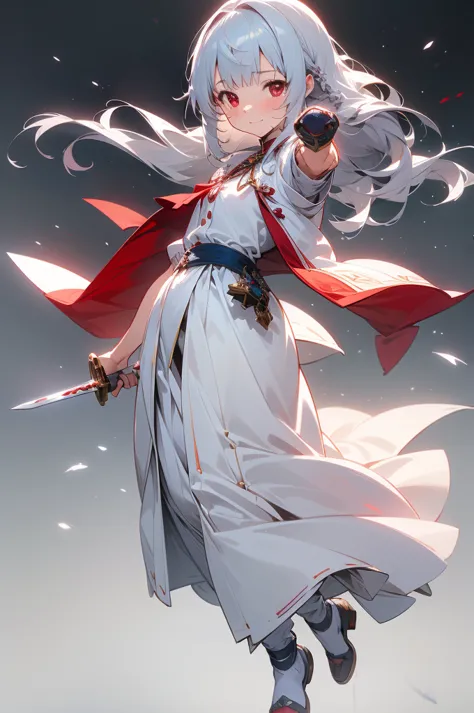 girl, very beautiful, red eyes, western clothing, white clothing, red cape, holding sword, dynamic pose, silver hair, long hair,...