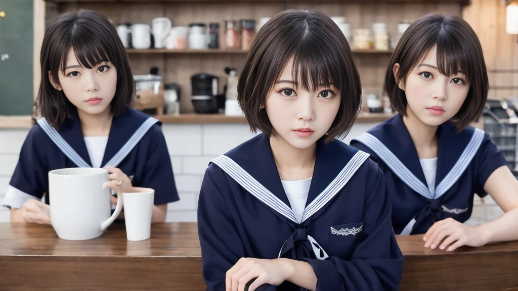 One Girl, (Highest quality:1.4), (Very detailed), (Very detailed美しい顔), 爽やかな日本のSailor suit, Great face and eyes, iris,Medium Hair, Black Hair, (Sailor suit, school uniform:1.2), (Inside the cafe), Smooth, Very detailed CG 統合 8k 壁紙, High-resolution RAW color photos, Professional photography, Light, BackLight, dream-like, impressive, Written boundary depth, Inside the cafeで撮影