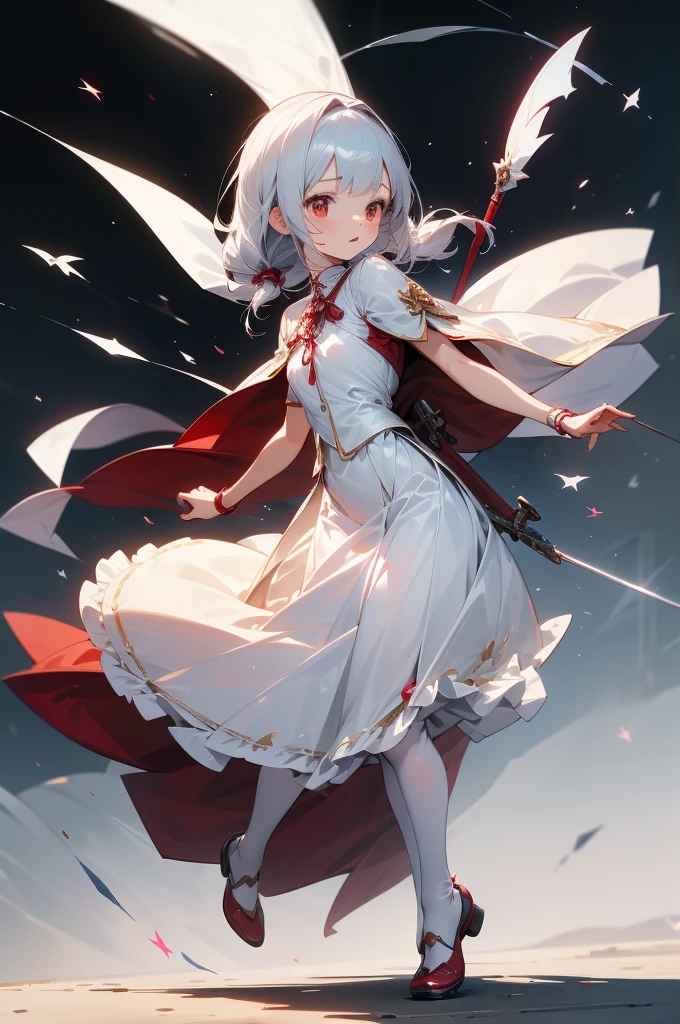 Girl, very beautiful, red eyes, Western Clothing, white clothing, Red cape, holding sword, dynamic pose, silver hair, long hair, full body, shoes, simple background, cinematic, light color illustration, miyako shikimori, very beautiful, alone, cute, adorable, Atelier Sophie style, glittering, elegant, stable, nice hand,mini skirt,Skirts above the knee,short skirt