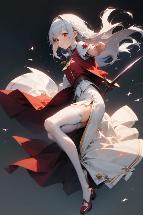 girl, very beautiful, red eyes, western clothing, white clothing, red cape, holding sword, dynamic pose, silver hair, long hair,...