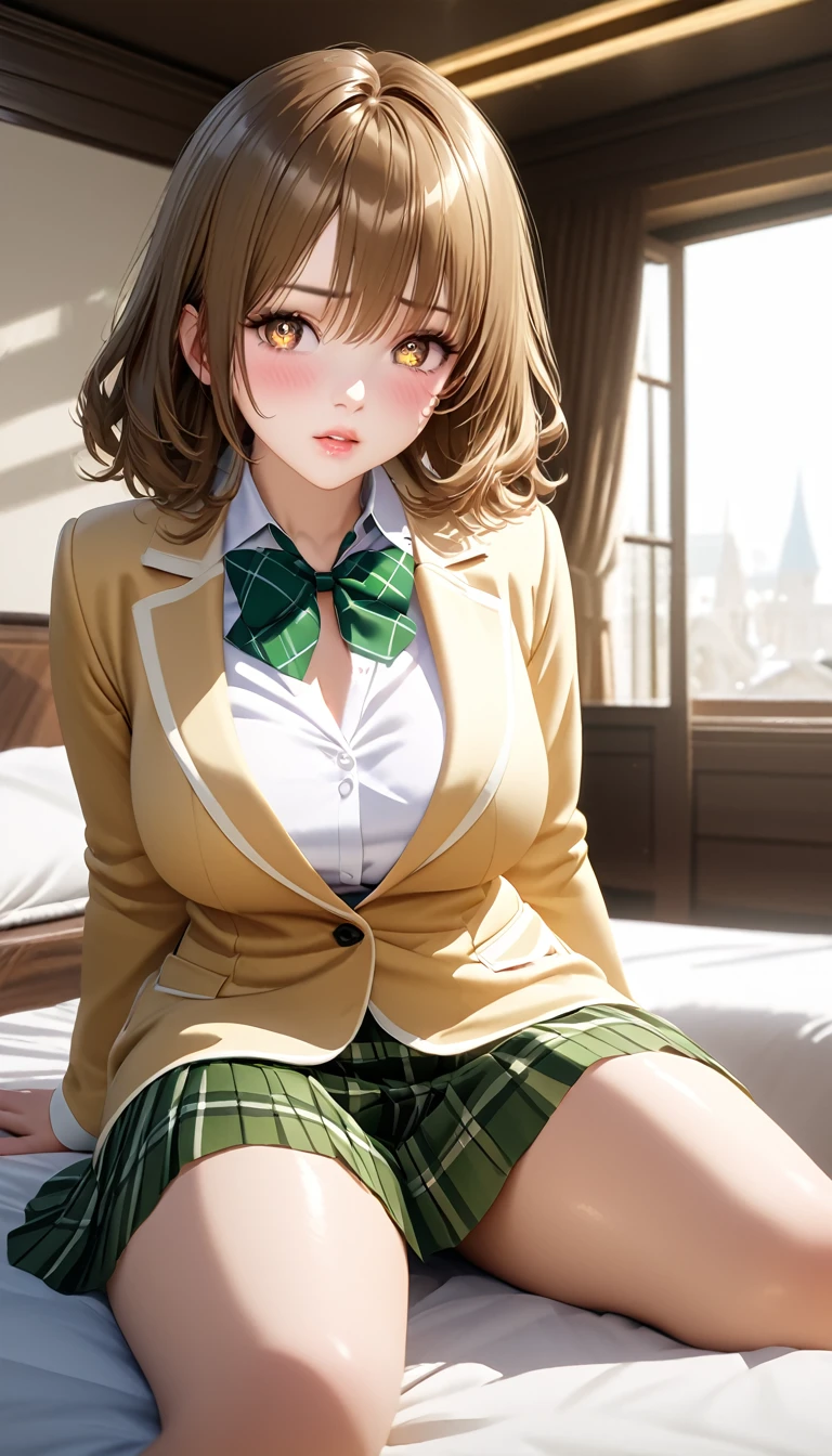 (masterpiece,ultra-detailed,best quality,8K,CG,realistic,illustration:1.2),(perfect-composition,detailed beautiful face,Clean skin,photographical skin,shiny skin,shiny hair, photographical hair,ultra detailed eyes,shaved,kawaii,uncensored:1.1),medium hair, 1girl, solo, brown hair, brown eyes,large breast,winter school uniform, green bowtie, white shirt, yellow blazer, buttoned blazer,plaid skirt, green skirt,socks ,blushing,trouble face , glossy lips ,sitting on bed edge ,luxury room,full body, side view