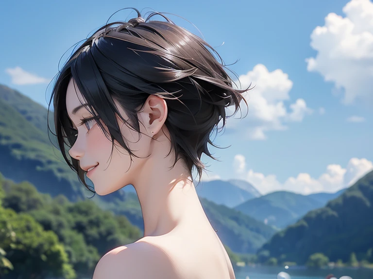 naked、nude、older sister、cool、smile、slender、Black Hair,、Short Hair、Landscape、profile、sideview、
