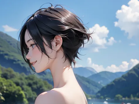 naked、nude、older sister、cool、smile、slender、black hair,、short hair、landscape、profile、sideview、