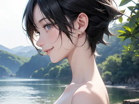 naked、nude、older sister、cool、smile、slender、black hair,、short hair、landscape、profile、sideview、