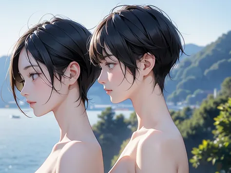 naked、nude、older sister、cool、slender、black hair,、short hair、landscape、profile、sideview、