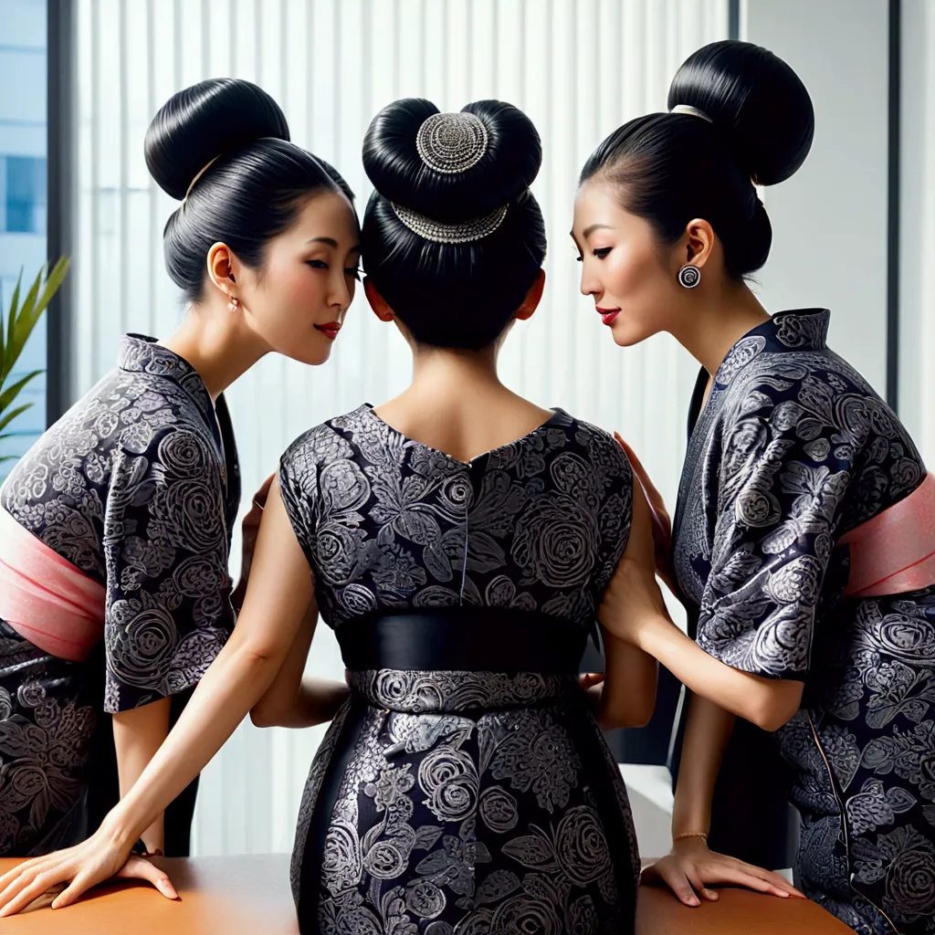 three japanese eldery ladies in kimono at luxerius office items sorrounded bright lighted modern office,their black straight bob...