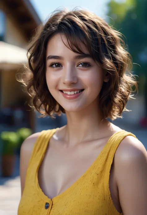 a beautiful girl with short curly brown hair,smiling,,dressed in a yellow sundress,brown eyes,(best quality,4k,8k,highres,master...