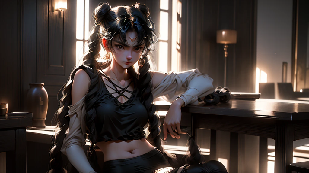 ((a tall and slender woman from japon sitting on a small stool in the hotel room)), ((black hair braided into two braids)), ((big brown eyes)), (black tank top), (black hot pants), extremely detailed, 8yk, raw photo, high level of detail, (ray tracing), (masterpiece), (best quality), high-resolution, (realistic: 1.4), physically based representation, ultra-realistic, full body, natural light, double eyelids, ((detailed realistic face and eyes)), cinematic lighting, 8K resolution, (model shooting style), ((small round breasts)), (natural skin texture), ((cameltoe)), ((distinct camel toe)) renda preta tansparente
