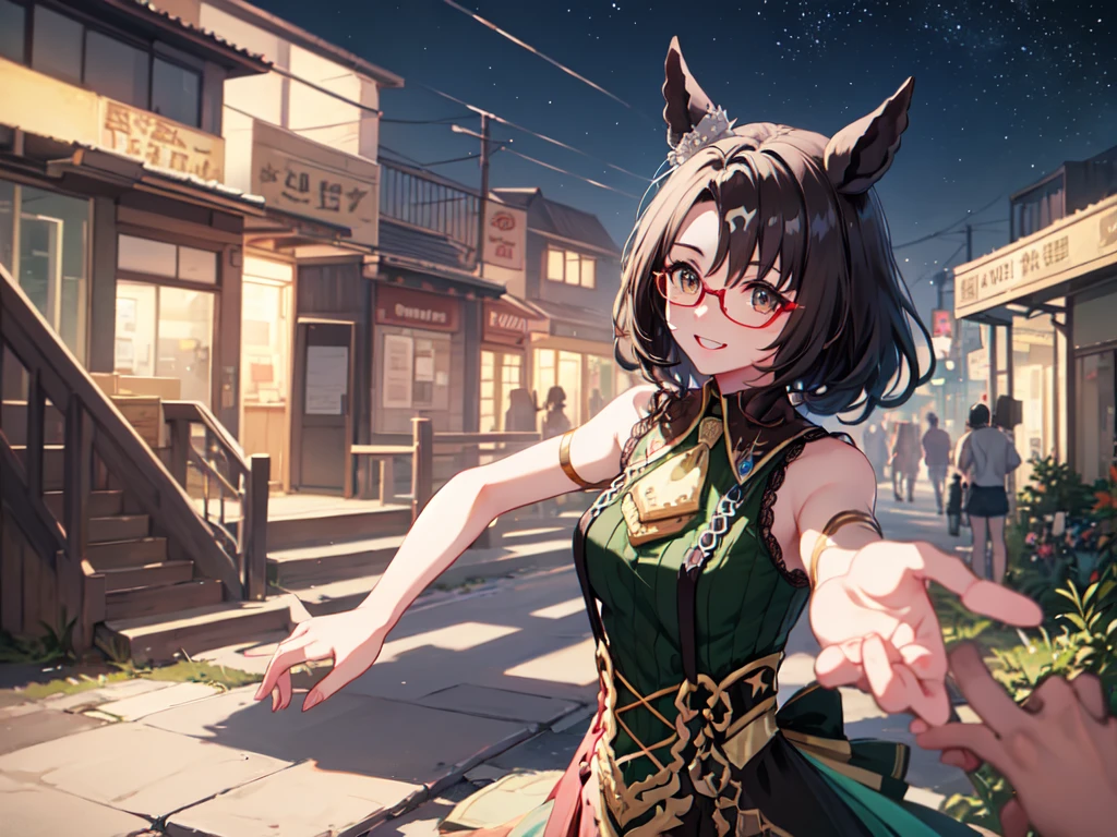 Masterpiece, high quality, 4K, HDR、head shot、Chest centered。Cool horse ears beauty、smile、looking at the camera。Brown Eyes、Pink Lipstick、Glamorous Body。Red glasses、Shoulder less、Casual clothes。Hold your head with both hands。Night starry sky、Ruins at night。