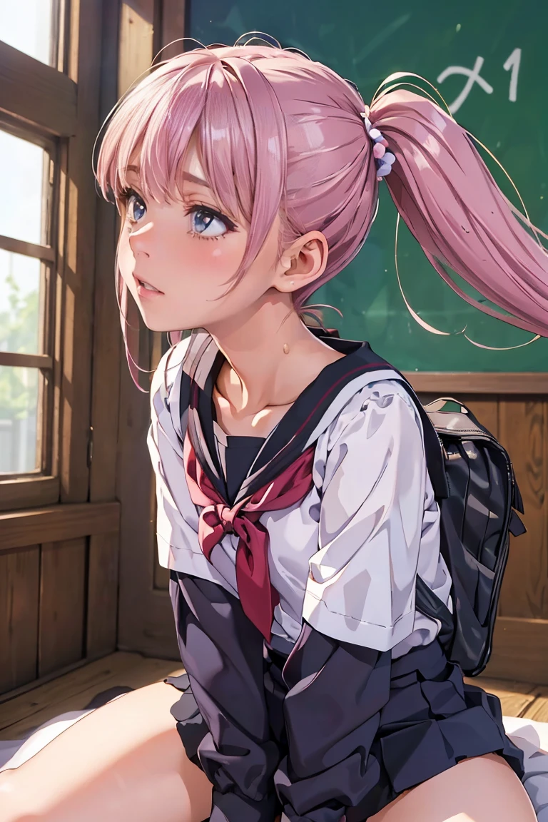 Masterpiece: 1.3), (8K, realistic, RAW photo: 1.4), Japanese, (1 woman), Beautiful face, Round face, Slightly small chin (lively features), (twin tail) Up: 1.3), thin eyebrows, small open mouth,  (realistic skin), beautiful skin, charm, super high resolution, surreal, summer clothes, school uniforms, school bags,nose blush, (Ejaculation on body,  in vagina, (1 man, 1 woman), hair grabbing,grabbing another’s hair,sex from behind,doggystyle、from the side）、 