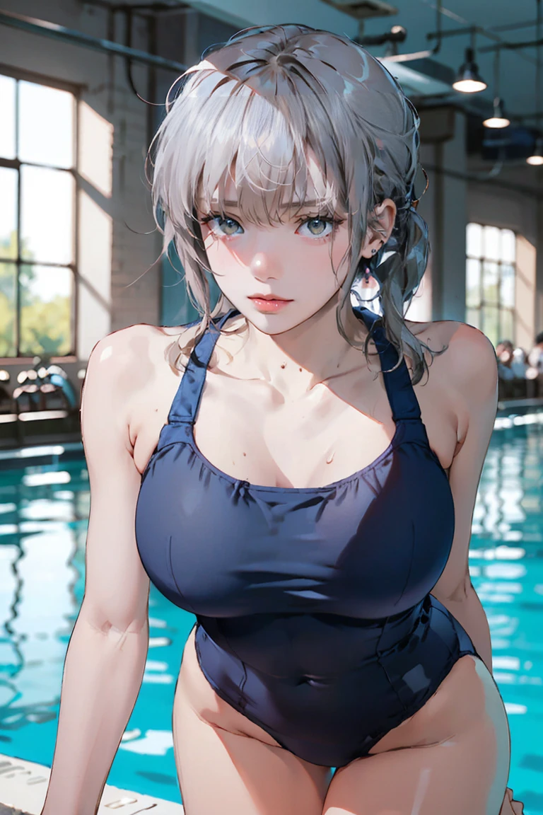 (masterpiece,Highest quality,Ultra-high resolution), (((Very clean))), Silver Hair､ ((Beautiful low ponytail)), Very cute face, Glossy Lips, Large Breasts、 Natural Makeup, Long eyelashes, Shiny and smooth hair､Center image, Perfect limbs, Perfect Anatomy,(((Navy School Swimsuit)))、((See through)),Sweat,expensive,Pool,Erect nipples,See through