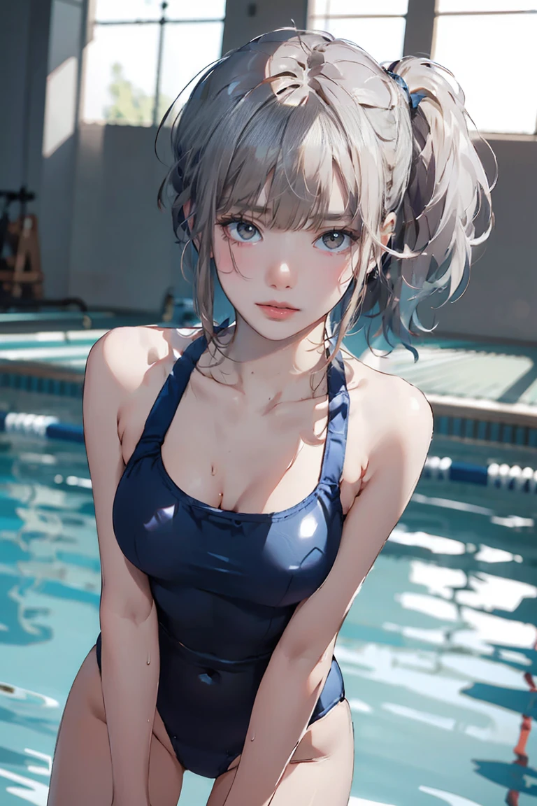 (masterpiece,Highest quality,Ultra-high resolution), (((Very clean))), Silver Hair､ ((Beautiful low ponytail)), Very cute face, Glossy Lips, Large Breasts、 Natural Makeup, Long eyelashes, Shiny and smooth hair､Center image, Perfect limbs, Perfect Anatomy,(((Navy School Swimsuit)))、((See through)),Sweat,expensive,Pool,Erect nipples,See through