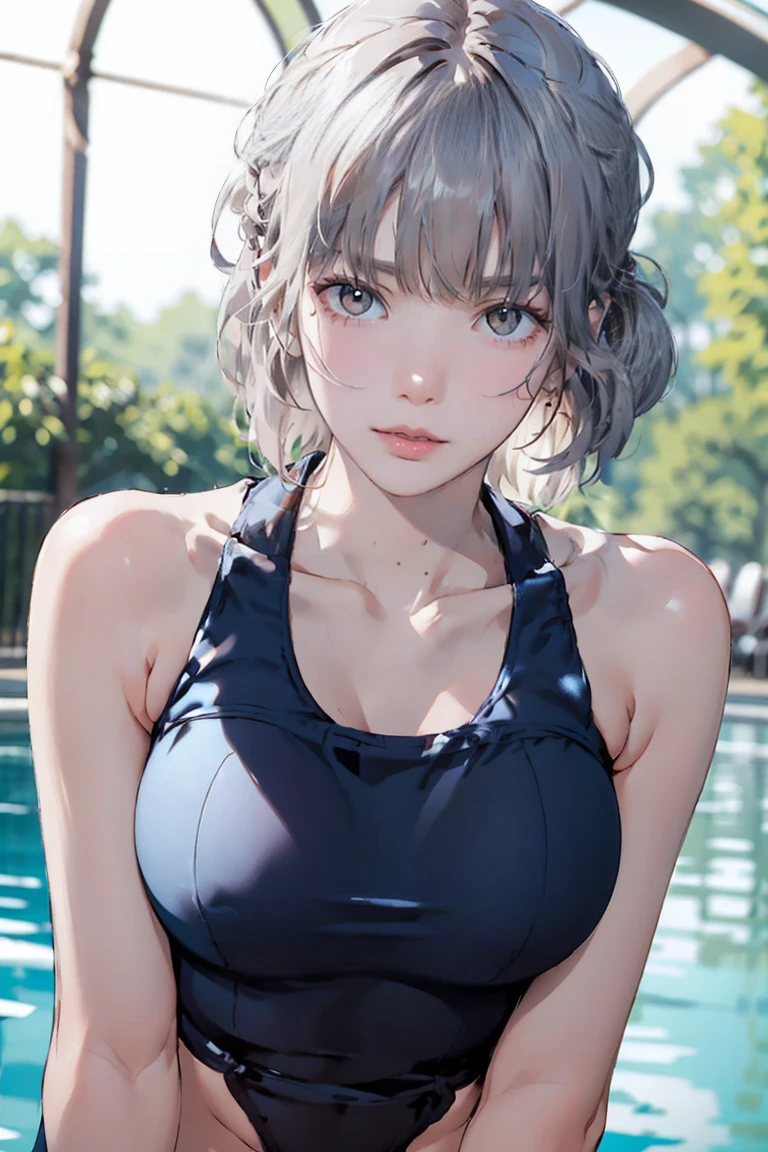 (masterpiece,Highest quality,Ultra-high resolution), (((Very clean))), Silver Hair､ ((Beautiful low ponytail)), Very cute face, Glossy Lips, Large Breasts、 Natural Makeup, Long eyelashes, Shiny and smooth hair､Center image, Perfect limbs, Perfect Anatomy,(((Navy School Swimsuit)))、((See through)),Sweat,expensive,Pool,Erect nipples,See through