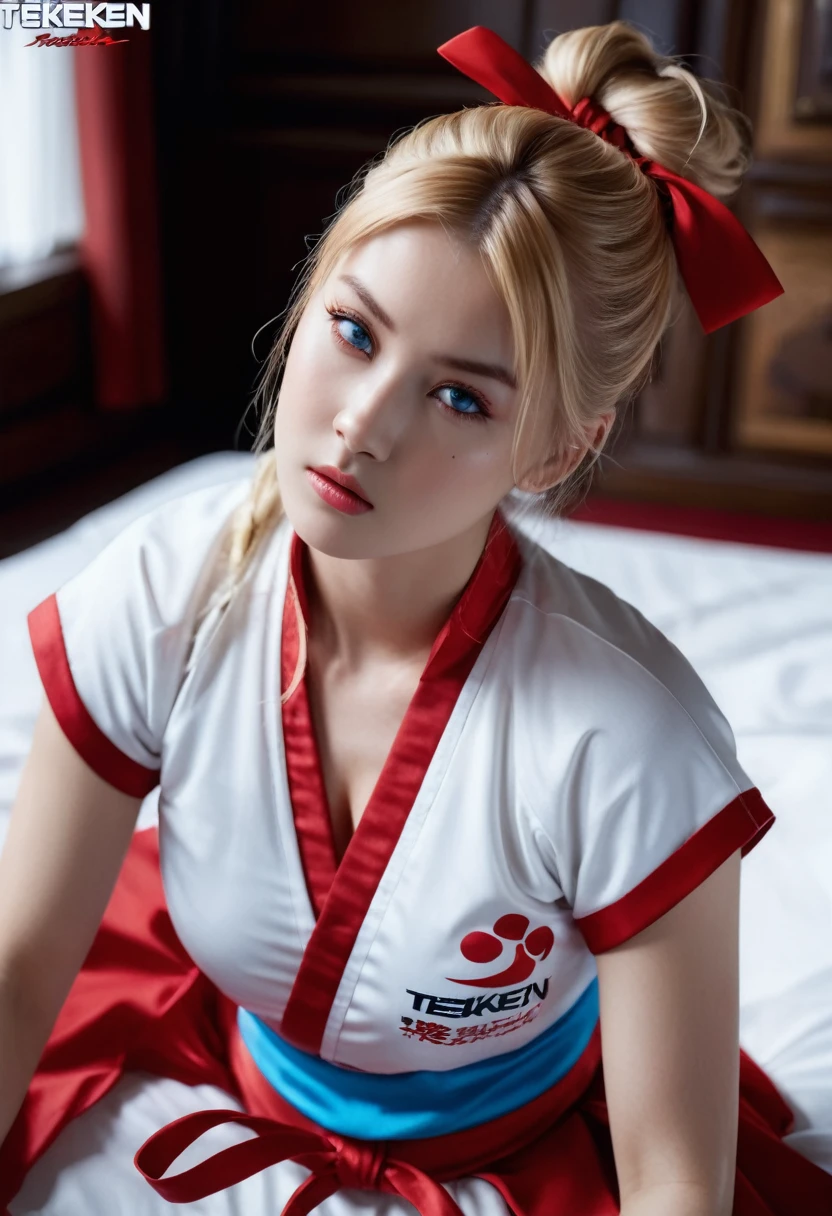 masterpiece, ultra high quality CG, best quality, perfect picture, solo, lidia sobieska (tekken, blonde hair with high ponytail, blue eyes, red hairbow, strong), wearing a sexy karate outfit, sitting on the bed, looking sideways, blushing, shoulders showing, in a European mansion