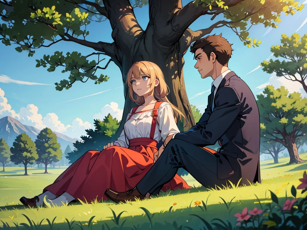 Romantic scene of a man and woman sitting beside a tree, in grass, enjoying a conversation. Quality faces, against the tree,