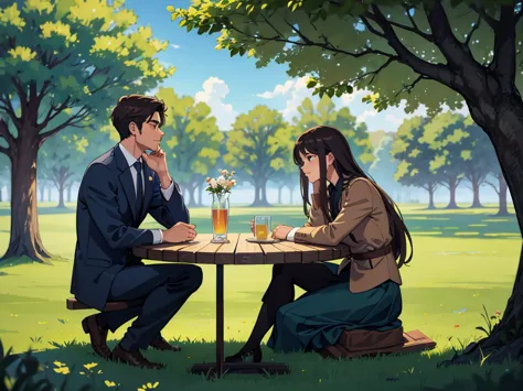 romantic scene of a man and woman sitting beside a tree, in grass, enjoying a conversation. quality faces, against the tree,