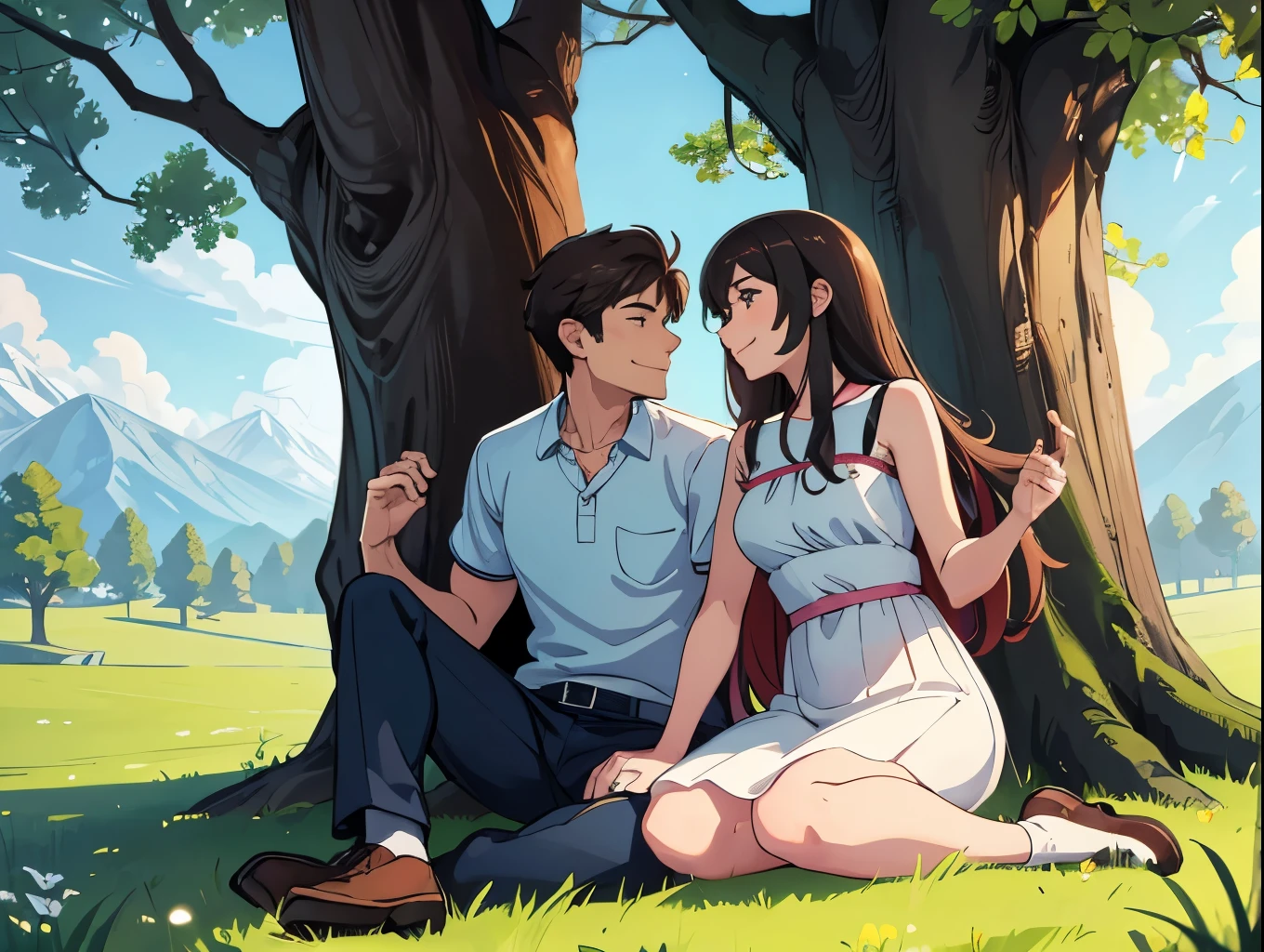 Romantic scene of a man and woman sitting beside a tree, in grass, smiling, looking at eachother, enjoying a conversation. Quality faces, against the tree,