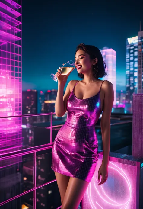 hntdlnwrk style, aesthetic, mad-vprwv cyberpunk woman, crowded rooftop party on skyscraper,magenta moon, dress, neon, grid on cl...