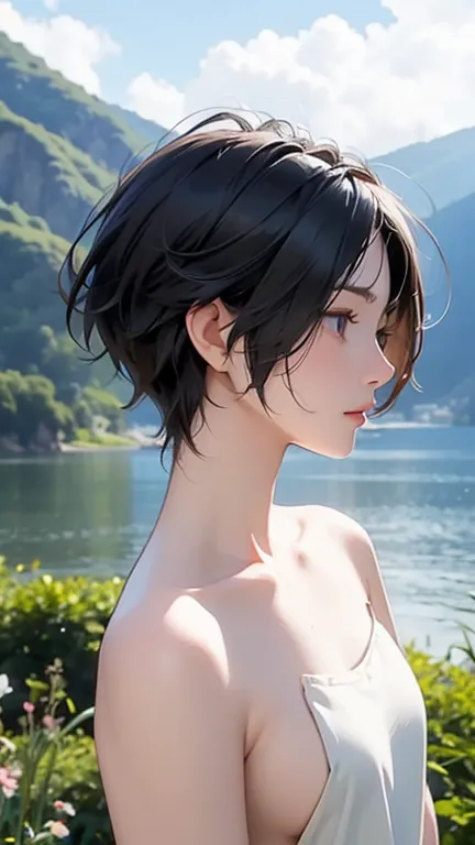 naked、nude、older sister、cool、slender、black hair,、short hair、landscape、profile、sideview、upright