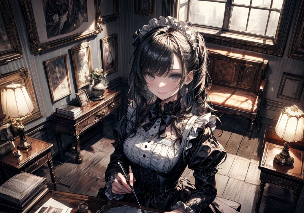 (masterpiece,top quality,high resolution,ultra detailed,ultra high definition,precise,high detail,very detailed,ultra fine illustration,HD,8K:1.5),(a demonic maid with elegant victorian style maid outfit, working as a maid, serving tea:1.2), detailed face,very detailed background,black rabbit ears, long flowing midnight blue hair, extremely detailed sparkling purple eyes with long eyelashes, captivating smile, floral themed jewelry, antique victorian style interior, table,chair,window,bookself,lamp,natural lighting, wide angle,from above, looking away,