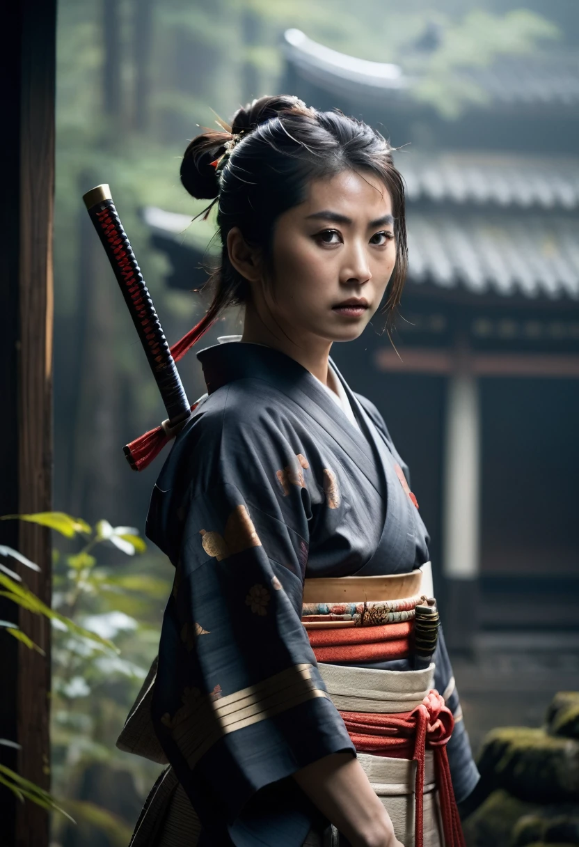 A young Japanese samurai woman stands proudly, her piercing gaze forward. Sharp focus isolates her strong features amidst a dark, misty background, reminiscent of ancient forests. Cinematic lighting casts an otherworldly glow on her katana-wielding form. In an 8K photo, every detail is crisp: the intricate armor, the flowing kimono, and the determined expression. The composition echoes Demoscene art's futuristic mysticism, as Japan's cultural heritage converges with gothic undertones. Her upper body stands out against the mysterious darkness, a symbol of strength and resilience.