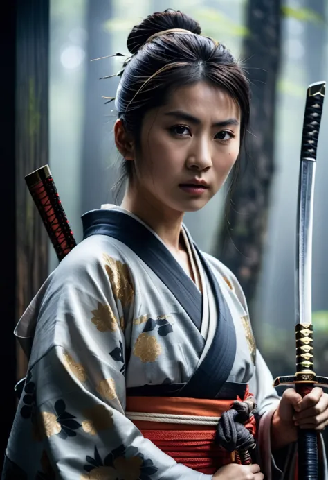 a young japanese samurai woman stands proudly, her piercing gaze forward. sharp focus isolates her strong features amidst a dark...