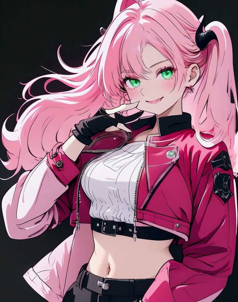 1 girl, fingerless gloves, gloves, green eyes, black cap, red horns, jacket,  looks at the viewer, pink hair, one pony tail, red nails, solo,  chest, white top, green eyes, jacket, looks at the viewer, mid-body, navel, pink hair, one pony tail, black shorts, solo, Hip Strap,  red horns, looks at the viewer, middle chest, navel, one pony tail, short shorts, black shorts, smile, solo, chest, green eyes, smirk, big chest, looks at the viewer, pink hair, red jacket, smile, solo, no ears, The girl winked victory hand, upper body, Little hair, no ears , sexy